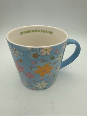 Starbucks 2005 Blue Floral Flowers Garden spring Ceramic Coffee Mug 16 Oz